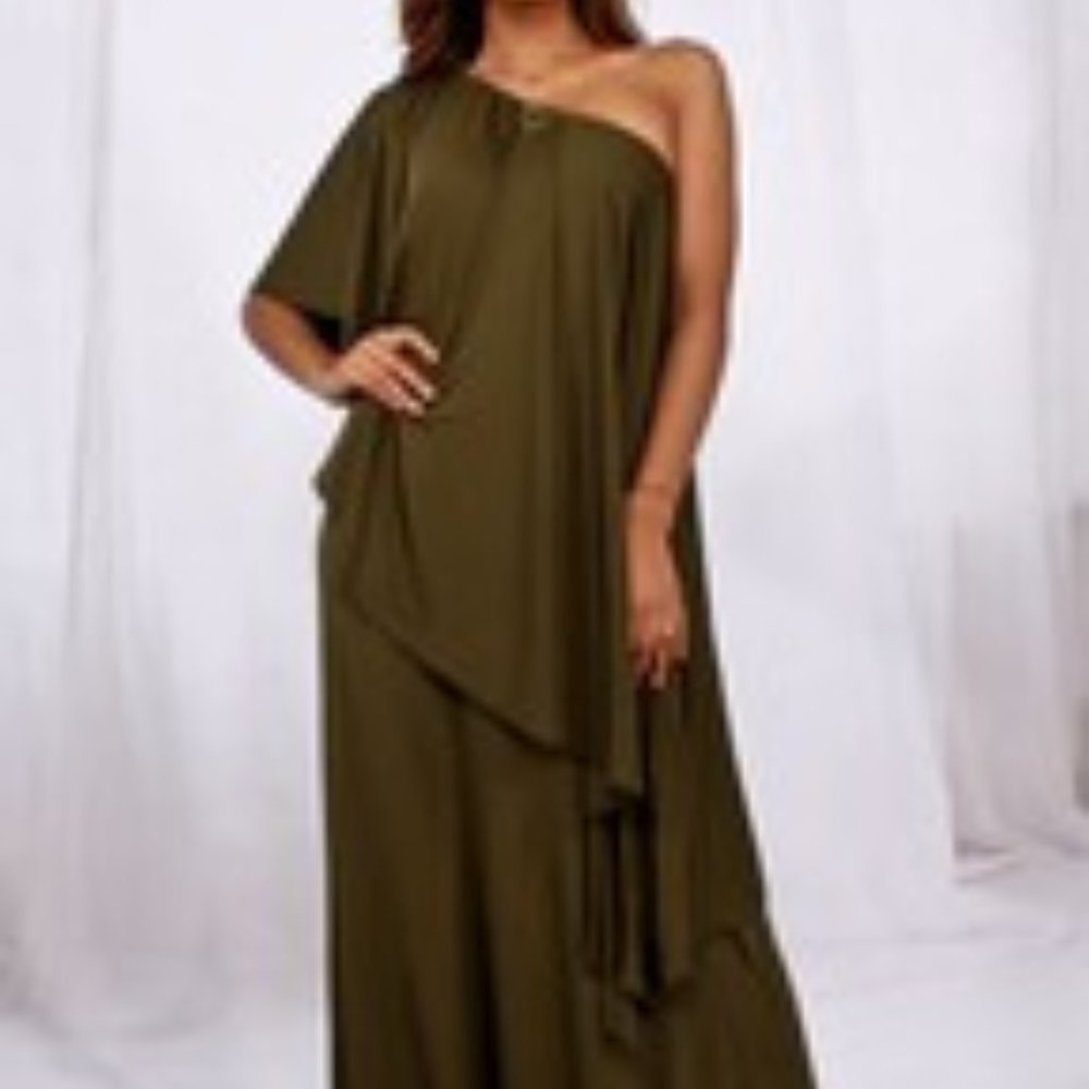 OLIVE ONE-SHOULDER RUFFLE MAXI DRESS - Picture 4 of 5